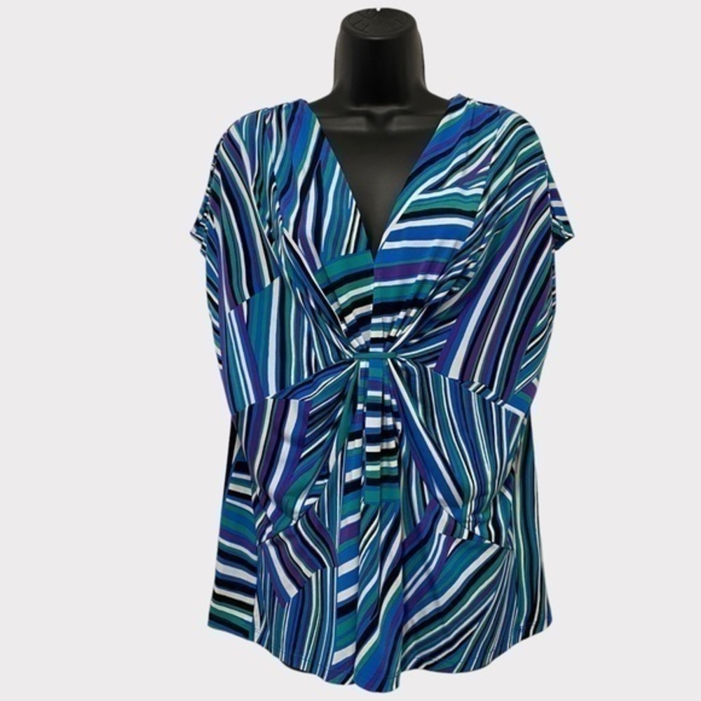 Chaus Blue Purple & White Multistriped V-Neck Batwing Top Size 1X
